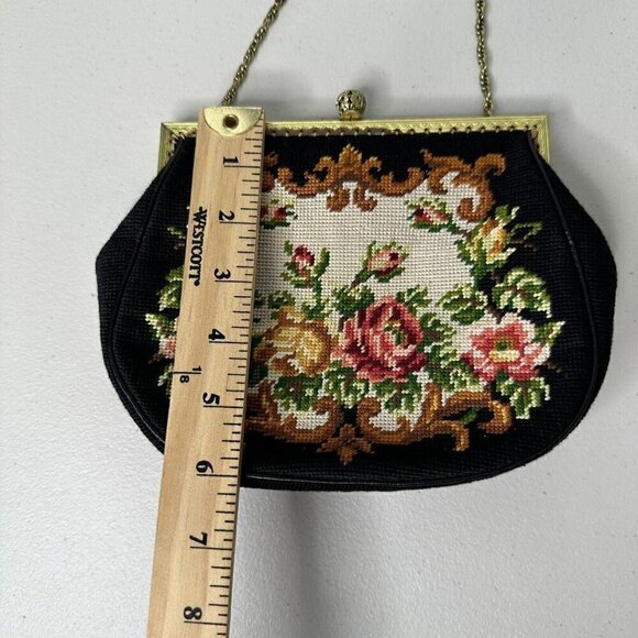 Vintage Handbag Tapestry Needlepoint Evening Framed Black Floral Gold Chain - Picture 13 of 16